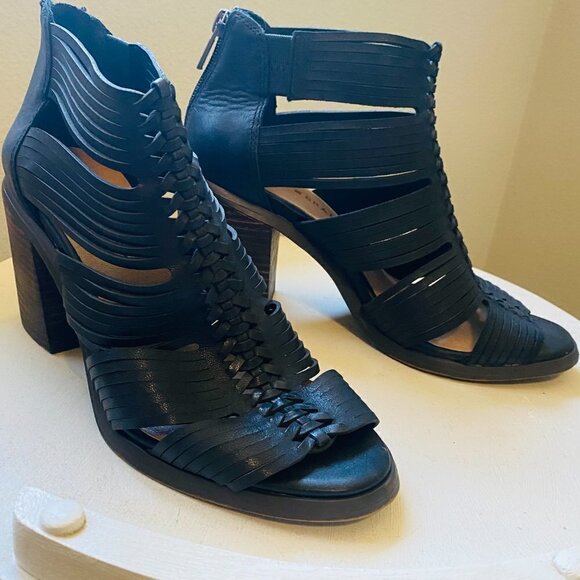 Lucky Brand Women's Black Leather Lace Bootie Open Toe High Heels Size 7.5 M - Picture 2 of 9